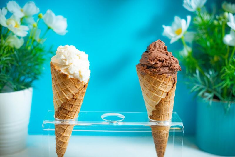 two ice cream cones in a holder